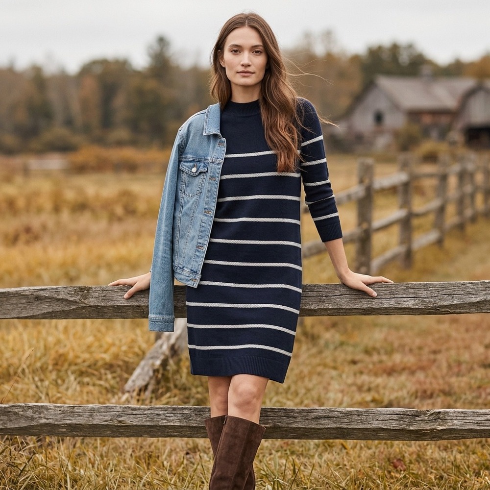 J. Jill Navy Blue Gray Striped Cotton Blend Sweater Dress Small Petite Preppy